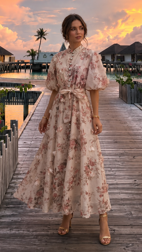 Woman in a floral dress standing on a wooden dock with a sunset over water and buildings in the background.