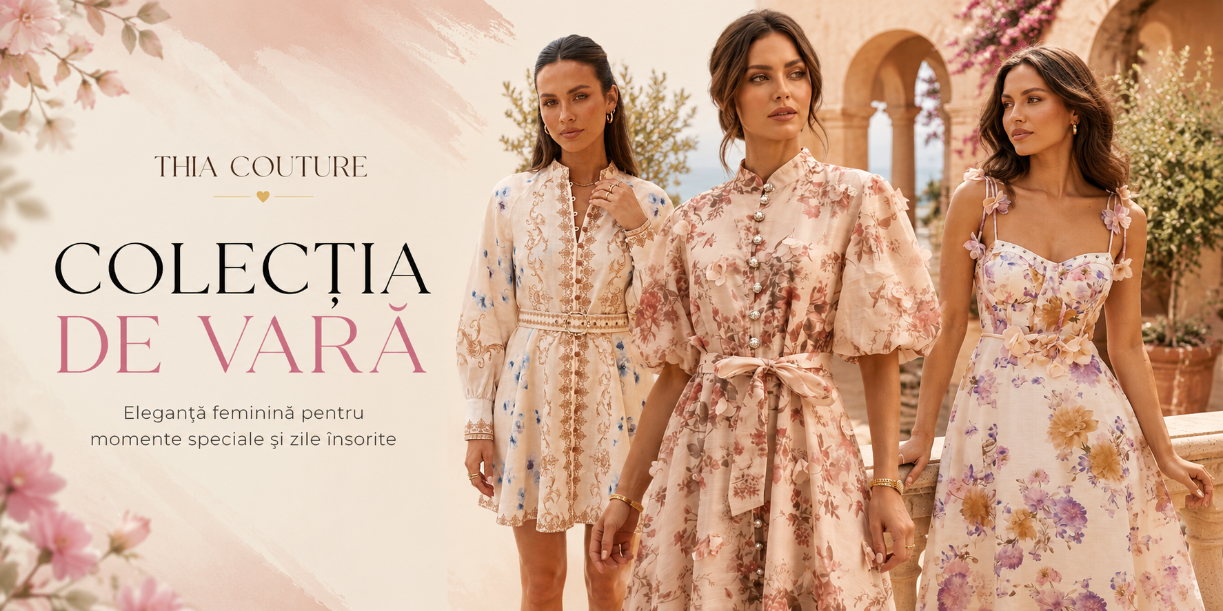Three women wearing floral dresses with a decorative background and text about a summer collection.