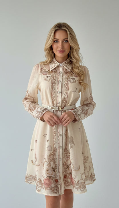 Woman wearing a beige floral dress against a plain background