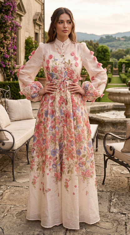 Woman in a floral dress standing in an elegant outdoor setting with classical architecture.