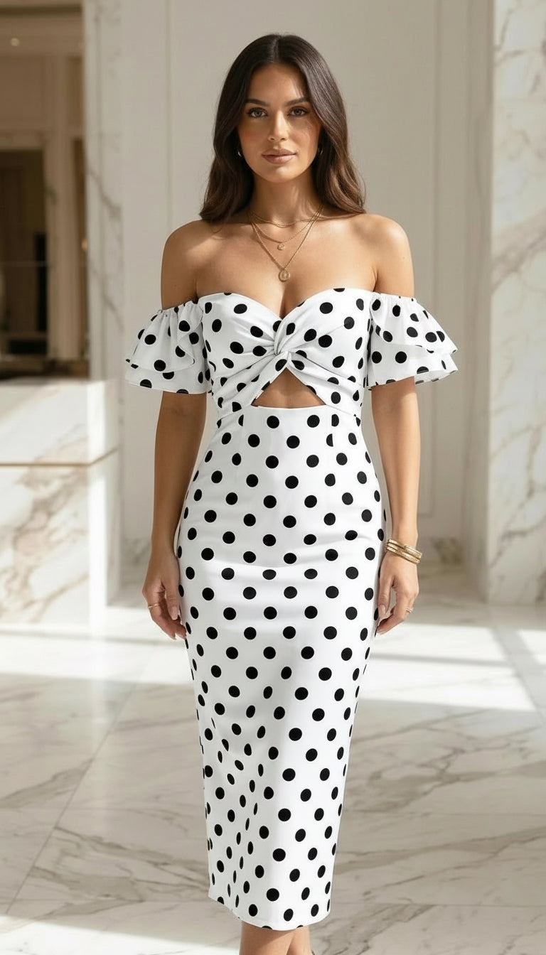 Woman wearing a black and white polka dot dress in an indoor setting