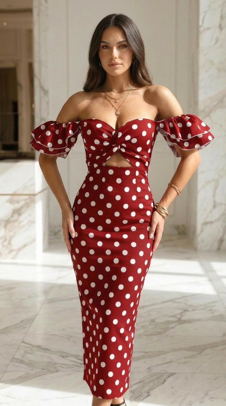 Woman wearing a red polka dot dress in an indoor setting